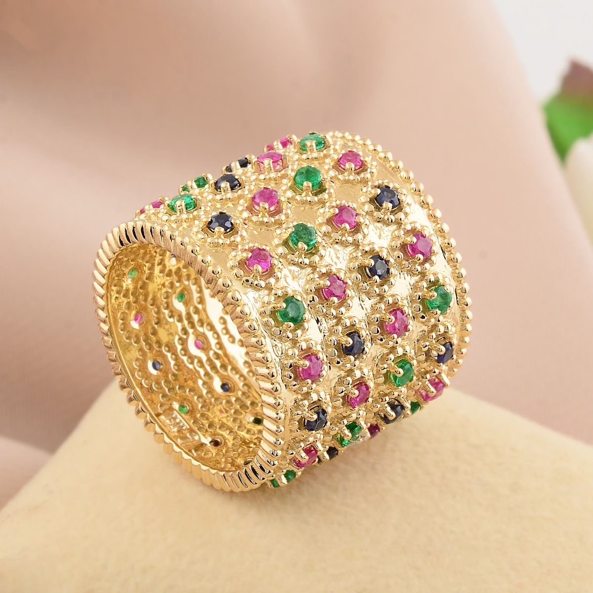Real Ruby & Emerald & Blue Sapphire Gemstone Solid 18 Kt Yellow Gold SI Clarity HI Color Diamond Cigar Band Ring
