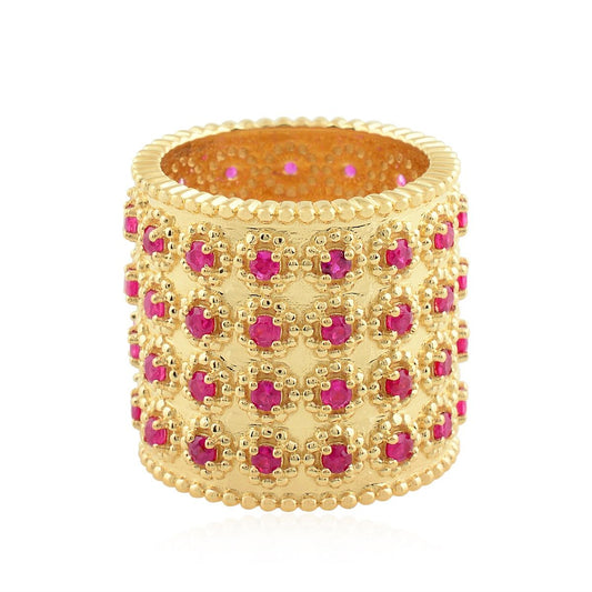 Real Ruby Solid 18 Kt Yellow Gold SI Clarity HI Color Diamond Cigar Band Ring