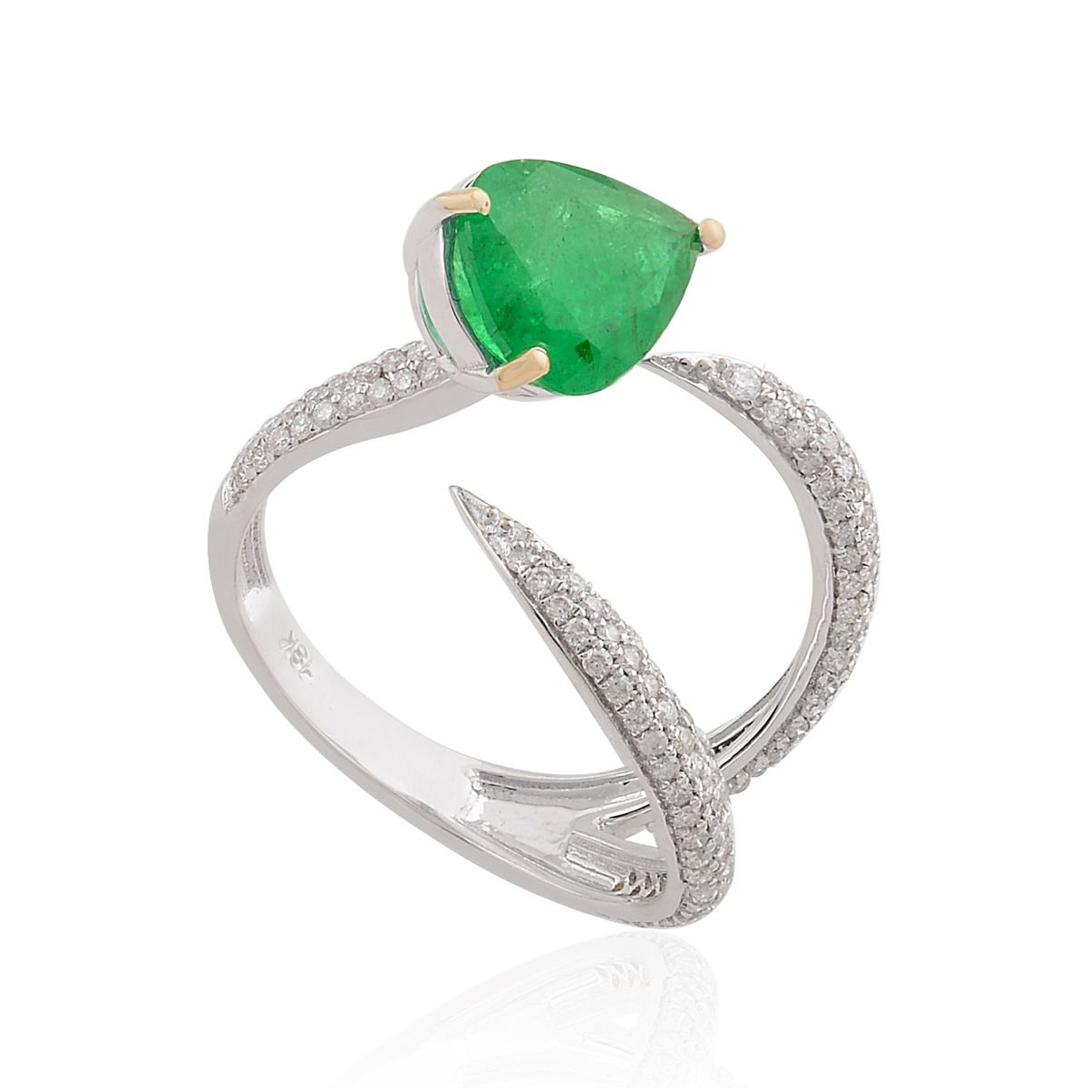 18k White Gold 1.72 TCW SI Clarity HI Color Diamond Pear Zambian Emerald Gemstone Party Wear Ring Jewelry For Women