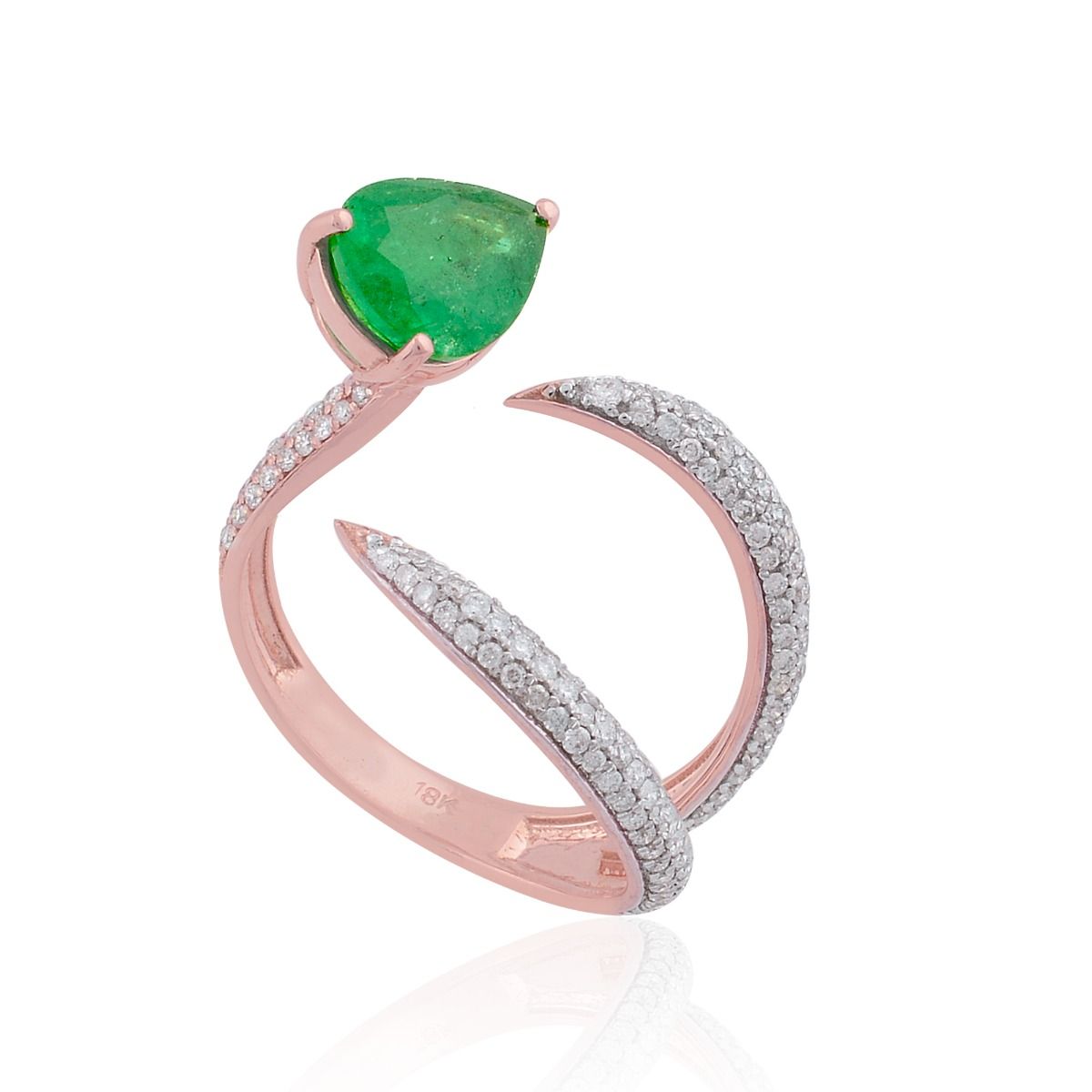 18k Rose Gold 1.90 TCW SI Clarity HI Color Diamond Pear Zambian Emerald Gemstone Party Wear Ring Jewelry For Women