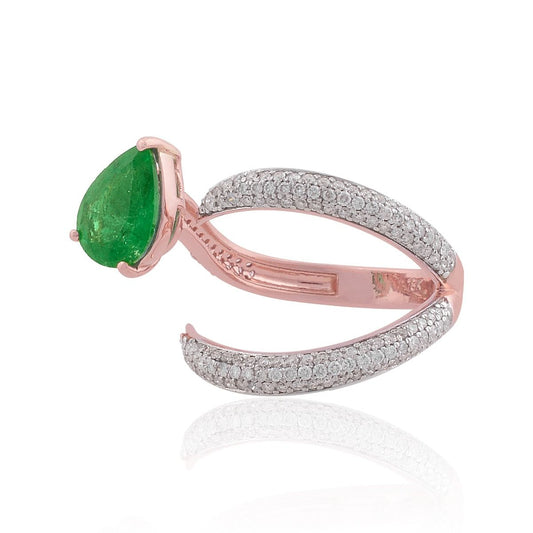 18k Rose Gold 1.90 TCW SI Clarity HI Color Diamond Pear Zambian Emerald Gemstone Party Wear Ring Jewelry For Women