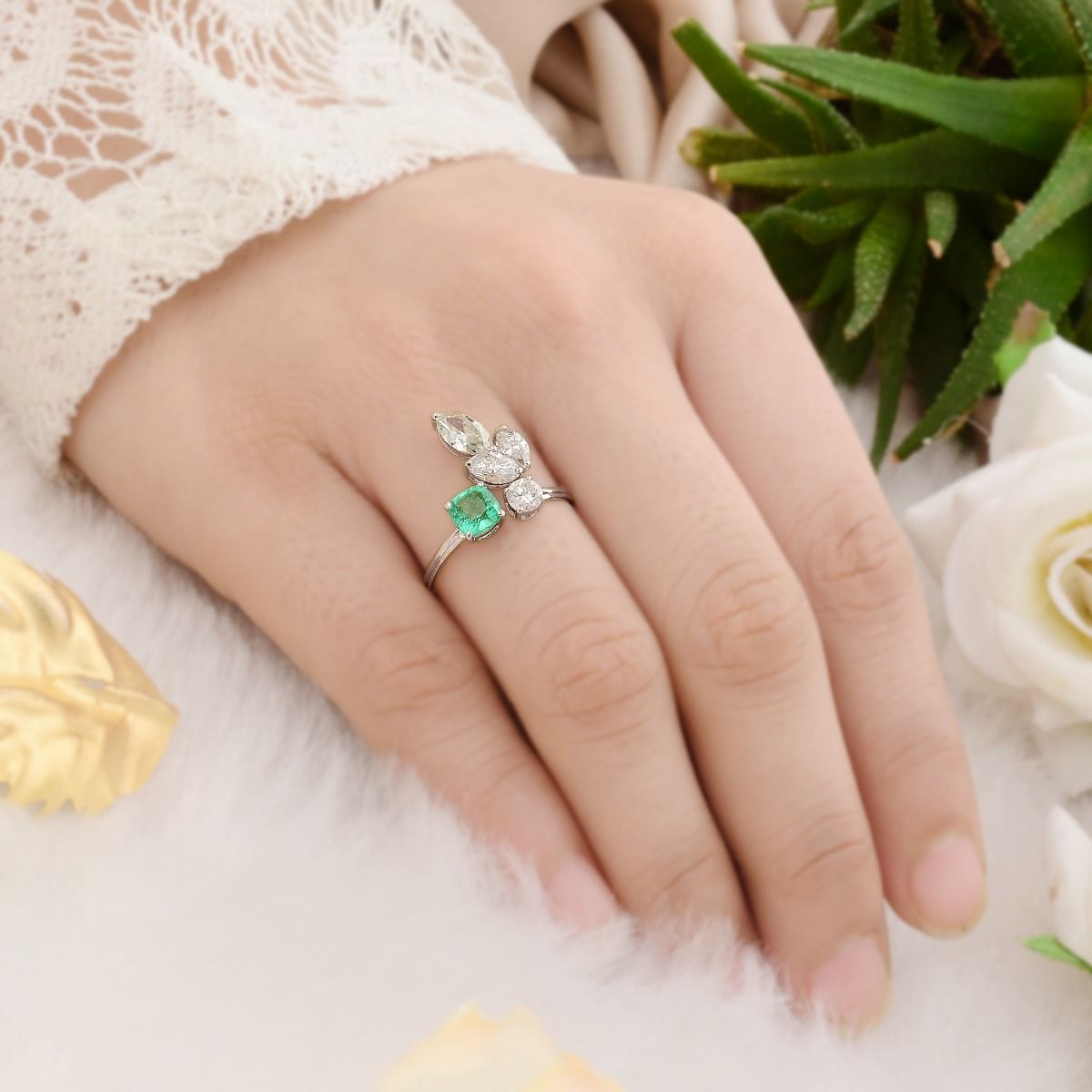 1.74 TCW 18k White Gold SI Clarity HI Color Diamond Zambian Emerald Gemstone Cuff Ring Handmade Jewelry