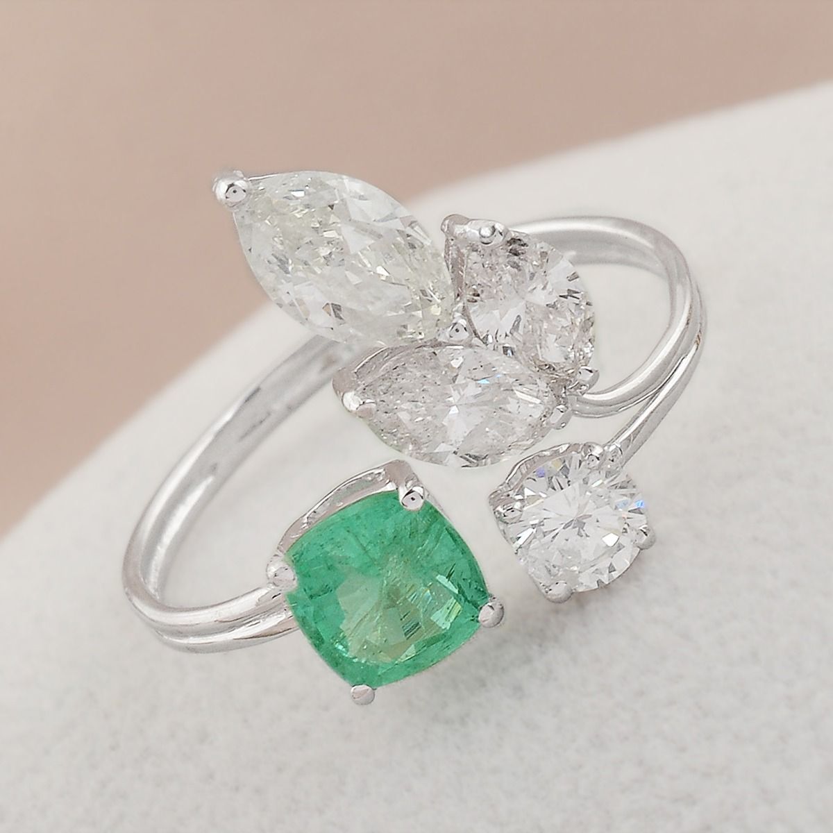 1.74 TCW 18k White Gold SI Clarity HI Color Diamond Zambian Emerald Gemstone Cuff Ring Handmade Jewelry