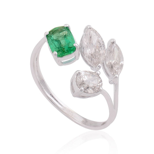 1.37 TCW 18k White Gold SI Clarity HI Color Diamond Zambian Emerald Gemstone Statement Ring Handmade Jewelry