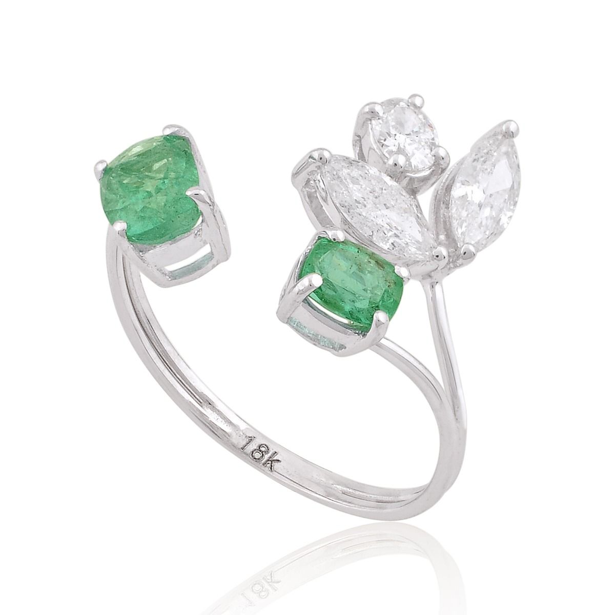 1.45 TCW 18k White Gold SI Clarity HI Color Diamond Zambian Emerald Gemstone Open Ring Handmade Jewelry