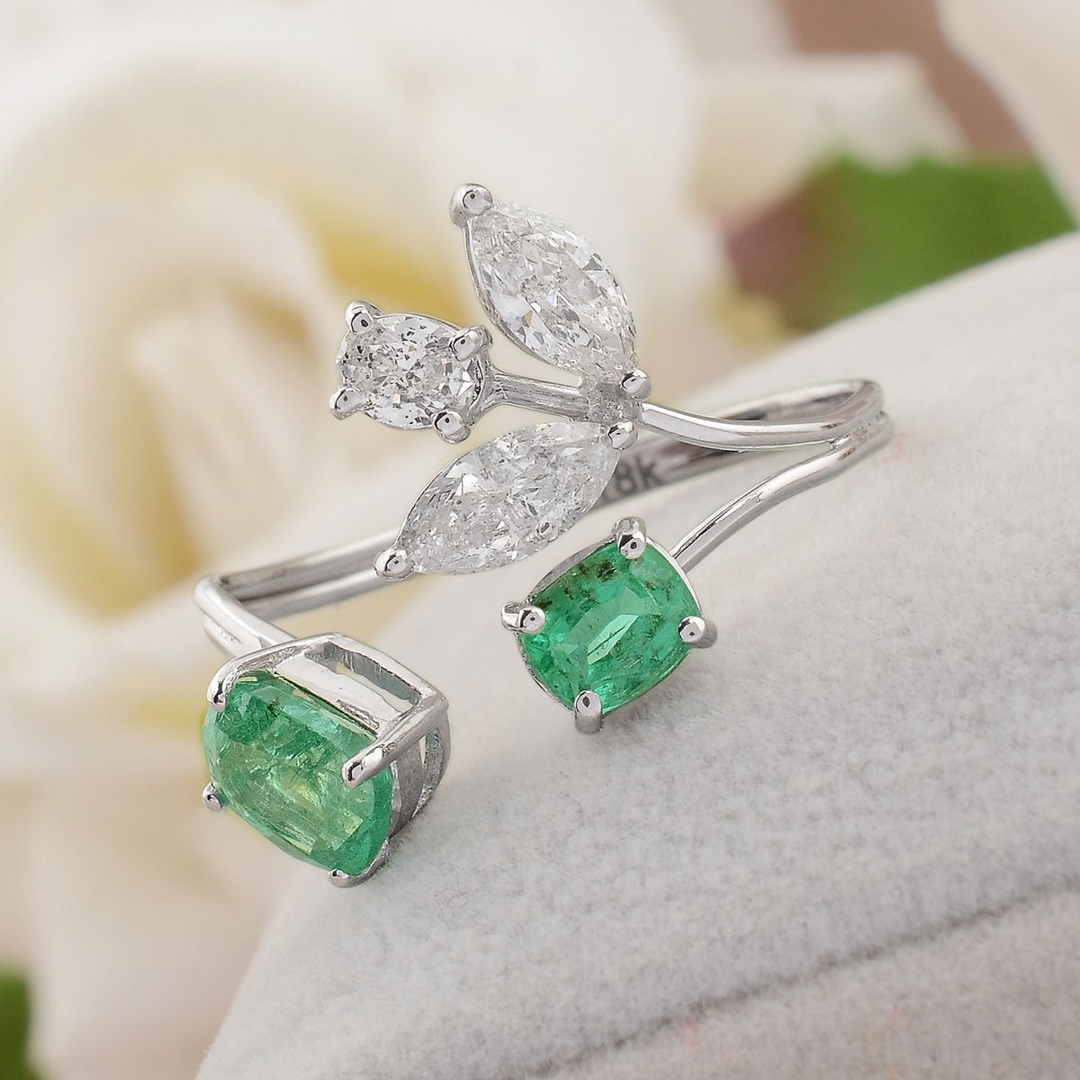 1.45 TCW 18k White Gold SI Clarity HI Color Diamond Zambian Emerald Gemstone Open Ring Handmade Jewelry