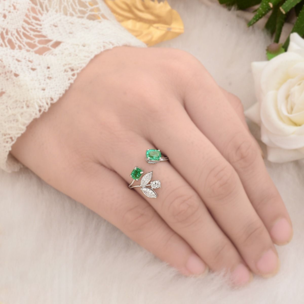 1.45 TCW 18k White Gold SI Clarity HI Color Diamond Zambian Emerald Gemstone Open Ring Handmade Jewelry