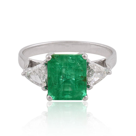 3.03 TCW 18k White Gold SI Clarity HI Color Diamond Zambian Emerald Gemstone Solitaire Ring Handmade Jewelry