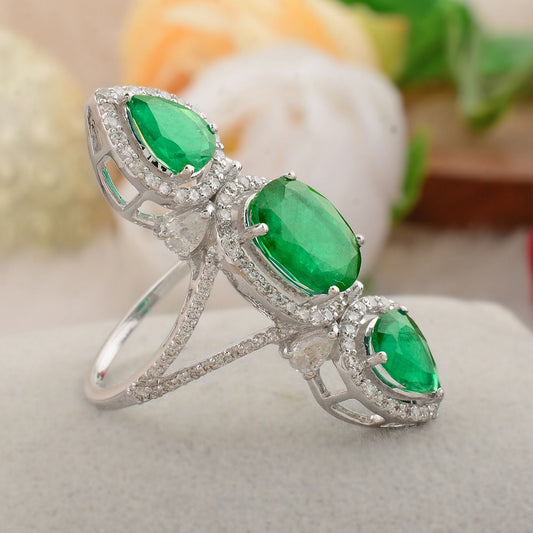 4.03 TCW 18k White Gold SI Clarity HI Color Diamond Zambian Emerald Gemstone 3 Stone Statement Ring Handmade Jewelry