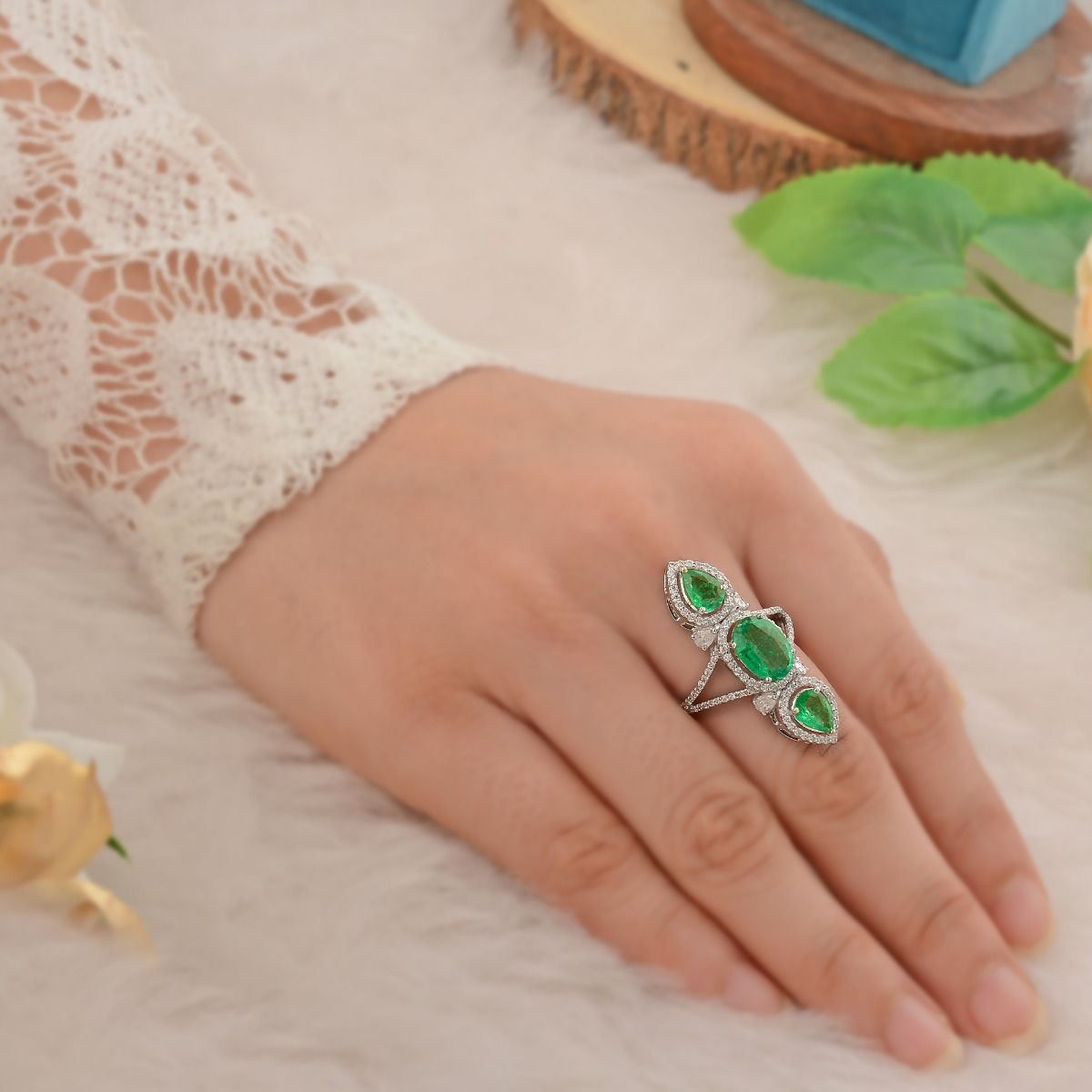 4.03 TCW 18k White Gold SI Clarity HI Color Diamond Zambian Emerald Gemstone 3 Stone Statement Ring Handmade Jewelry