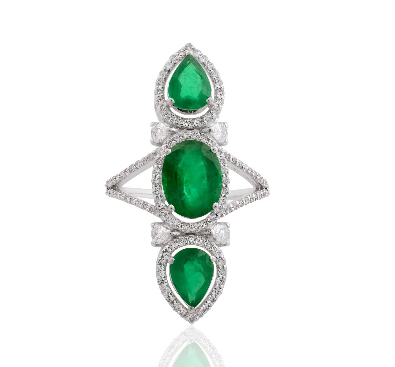 4.03 TCW 18k White Gold SI Clarity HI Color Diamond Zambian Emerald Gemstone 3 Stone Statement Ring Handmade Jewelry