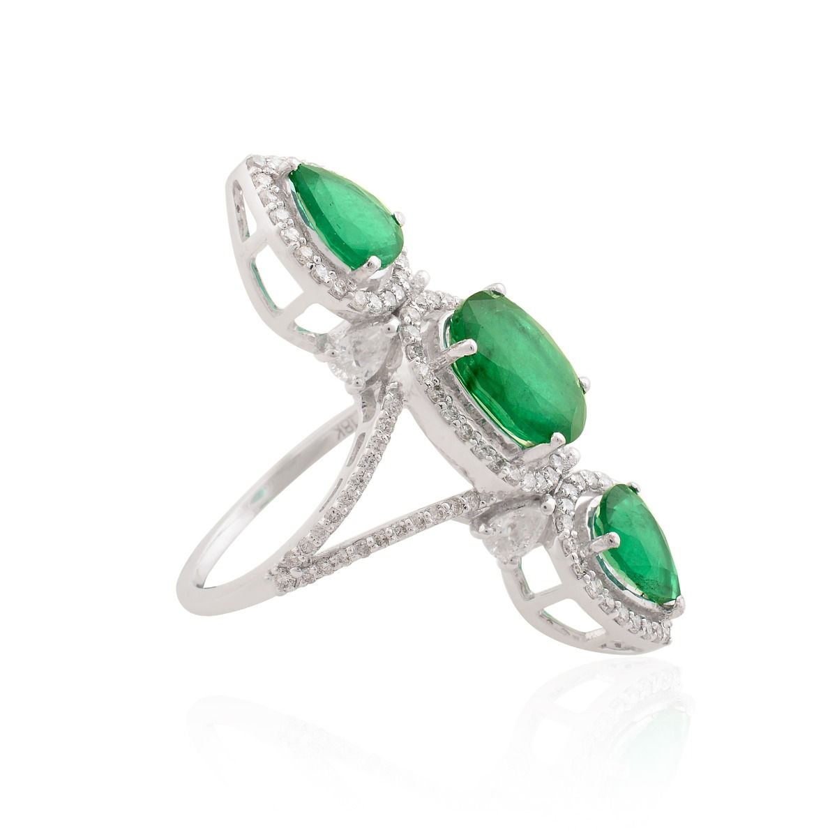 4.03 TCW 18k White Gold SI Clarity HI Color Diamond Zambian Emerald Gemstone 3 Stone Statement Ring Handmade Jewelry