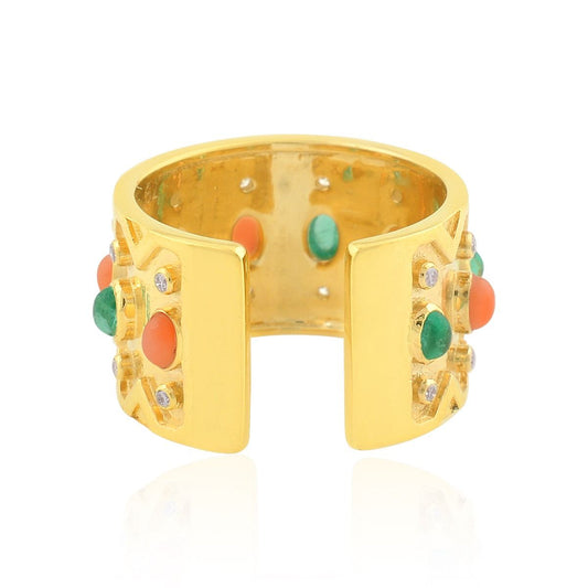 18k Yellow Gold 0.43 TCW SI Clarity HI Color Diamond Coral & Zambian Emerald Gemstone Band Ring Handmade Jewelry For women