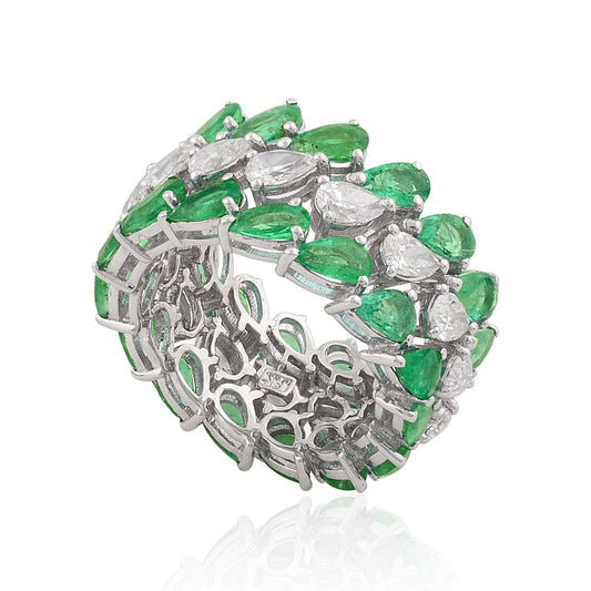 18k White Gold 6.90 TCW SI Clarity HI Color Diamond Zambian Emerald Gemstone Band Ring Handmade Jewelry