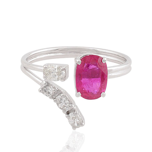 1.58 TCW 18k White Gold SI Clarity HI Color Diamond Ruby Gemstone Cuff Ring Handmade Jewelry