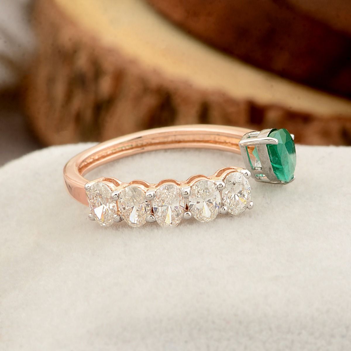 1.71 TCW 18k Rose Gold SI Clarity HI Color Diamond Zambian Emerald Gemstone Cuff Ring Handmade Jewelry