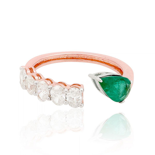 1.71 TCW 18k Rose Gold SI Clarity HI Color Diamond Zambian Emerald Gemstone Cuff Ring Handmade Jewelry