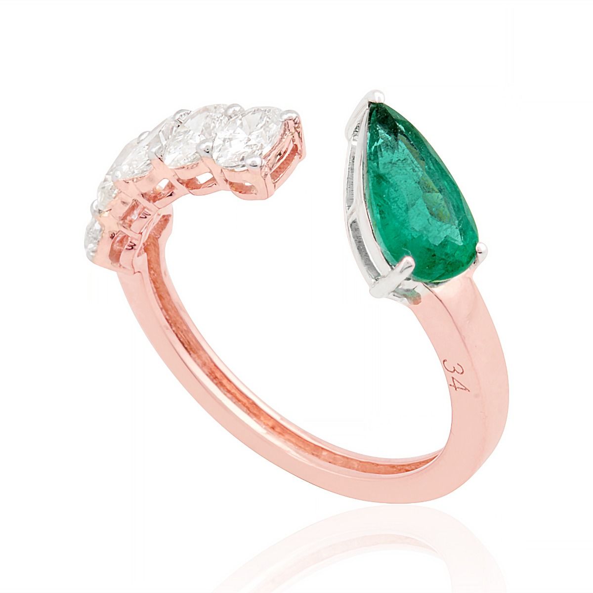 1.71 TCW 18k Rose Gold SI Clarity HI Color Diamond Zambian Emerald Gemstone Cuff Ring Handmade Jewelry