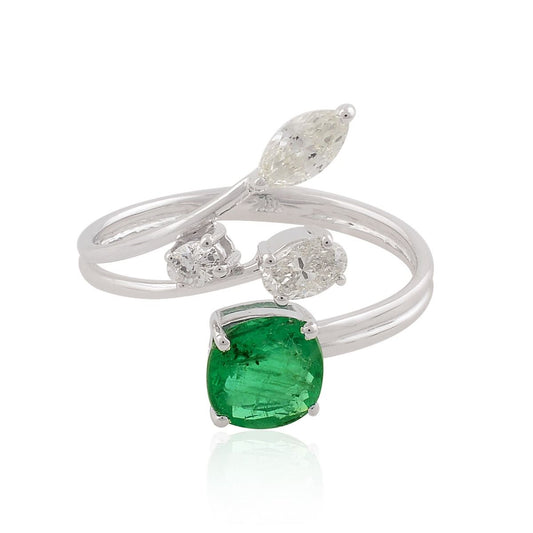 18k White Gold 1.38 TCW SI Clarity HI Color Diamond Zambian Emerald Gemstone Cuff Ring Handmade Jewelry