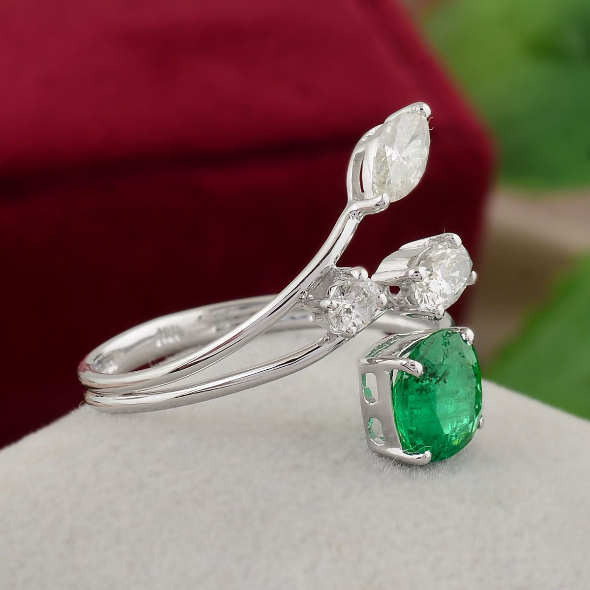 18k White Gold 1.38 TCW SI Clarity HI Color Diamond Zambian Emerald Gemstone Cuff Ring Handmade Jewelry
