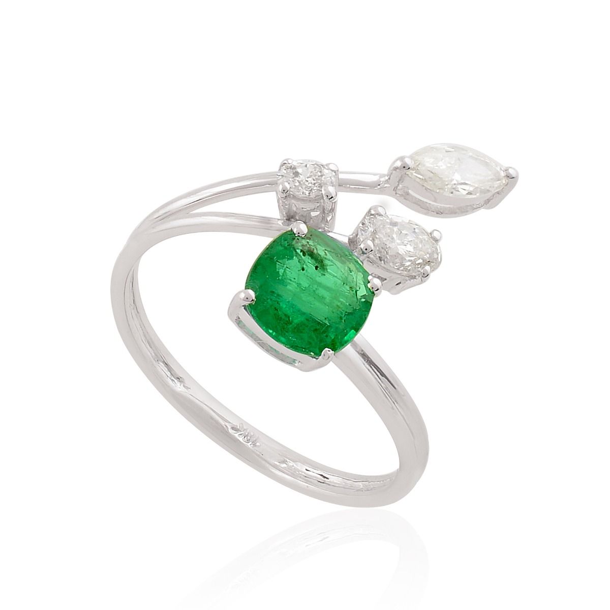 18k White Gold 1.38 TCW SI Clarity HI Color Diamond Zambian Emerald Gemstone Cuff Ring Handmade Jewelry