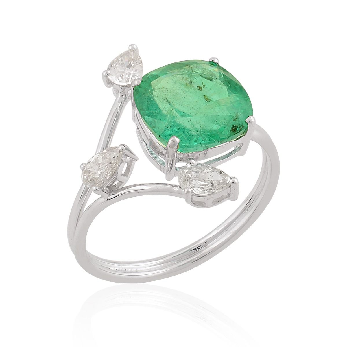 18k White Gold 3.51 TCW SI Clarity HI Color Diamond Zambian Emerald Gemstone Statement Ring Handmade Jewelry