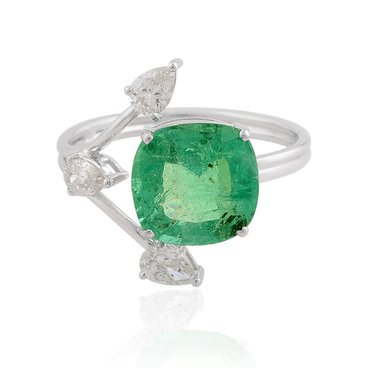 18k White Gold 3.51 TCW SI Clarity HI Color Diamond Zambian Emerald Gemstone Statement Ring Handmade Jewelry