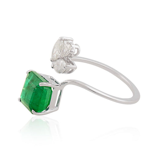 18k White Gold 3.16 TCW SI Clarity HI color Diamond Zambian Emerald Gemstone Open Ring Handmade Jewelry