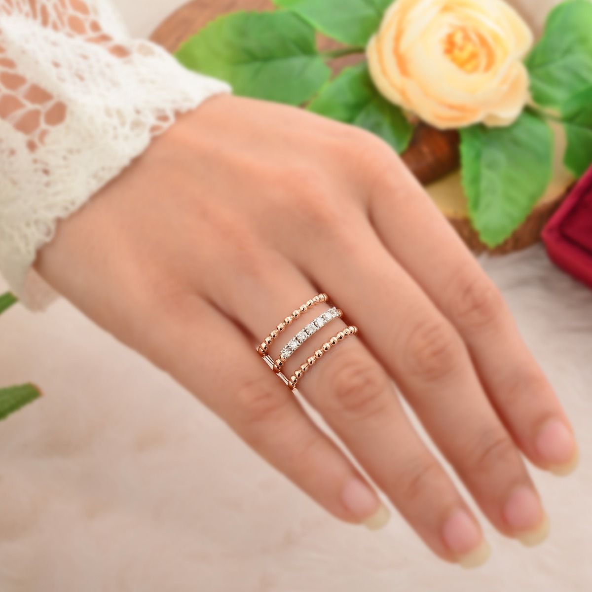 18K Rose Gold 0.32 TCW SI Clarity HI Color Diamond Beaded Band Ring Handmade Jewelry