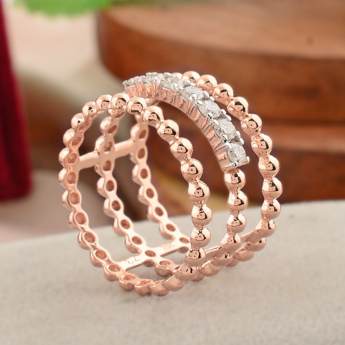 18K Rose Gold 0.32 TCW SI Clarity HI Color Diamond Beaded Band Ring Handmade Jewelry