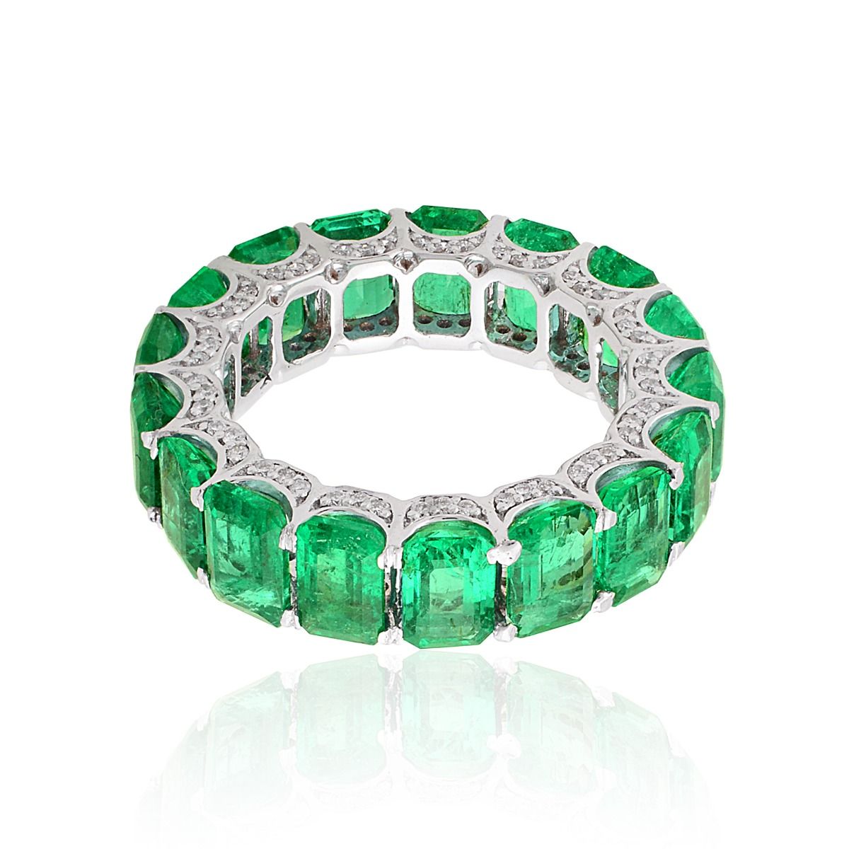 18k White Gold 8.83 TCW SI clarity HI Color Diamond Zambian Emerald Gemstone Band Ring For Women