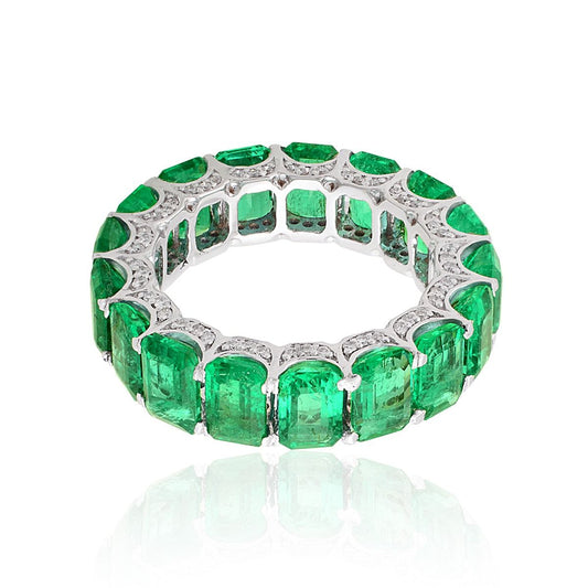 18k White Gold 8.83 TCW SI clarity HI Color Diamond Zambian Emerald Gemstone Band Ring For Women