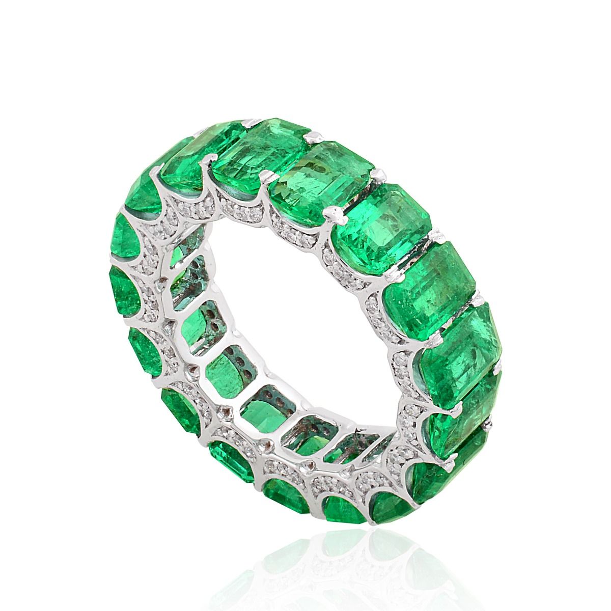 18k White Gold 8.83 TCW SI clarity HI Color Diamond Zambian Emerald Gemstone Band Ring For Women