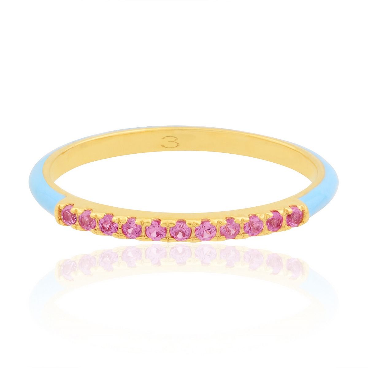 18k Yellow Gold 0.14 TCW SI Clarity HI Color Diamond Pink Sapphire With Sky-blue Enamel Party Wear Band Ring