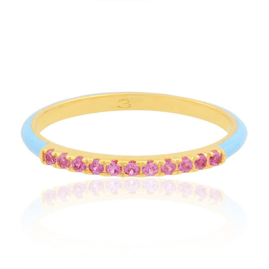 18k Yellow Gold 0.14 TCW SI Clarity HI Color Diamond Pink Sapphire With Sky-blue Enamel Party Wear Band Ring
