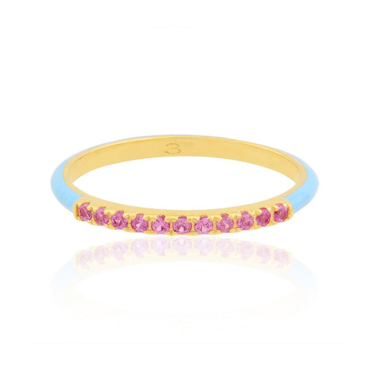 18k Yellow Gold 0.14 TCW SI Clarity HI Color Diamond Pink Sapphire Gemstone Blue Enamel Band Ring Jewelry for Women