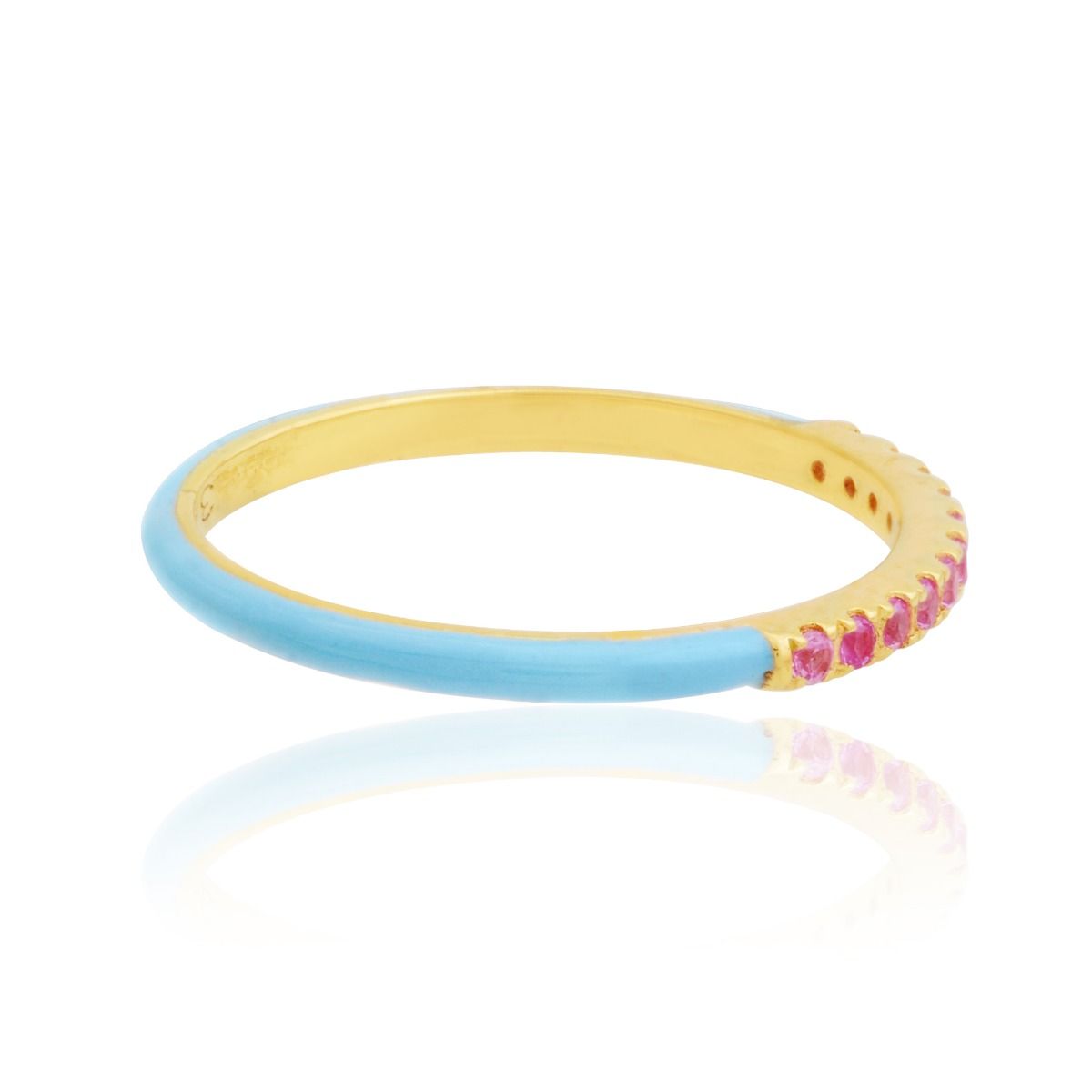 18k Yellow Gold 0.14 TCW SI Clarity HI Color Diamond Pink Sapphire With Sky-blue Enamel Party Wear Band Ring