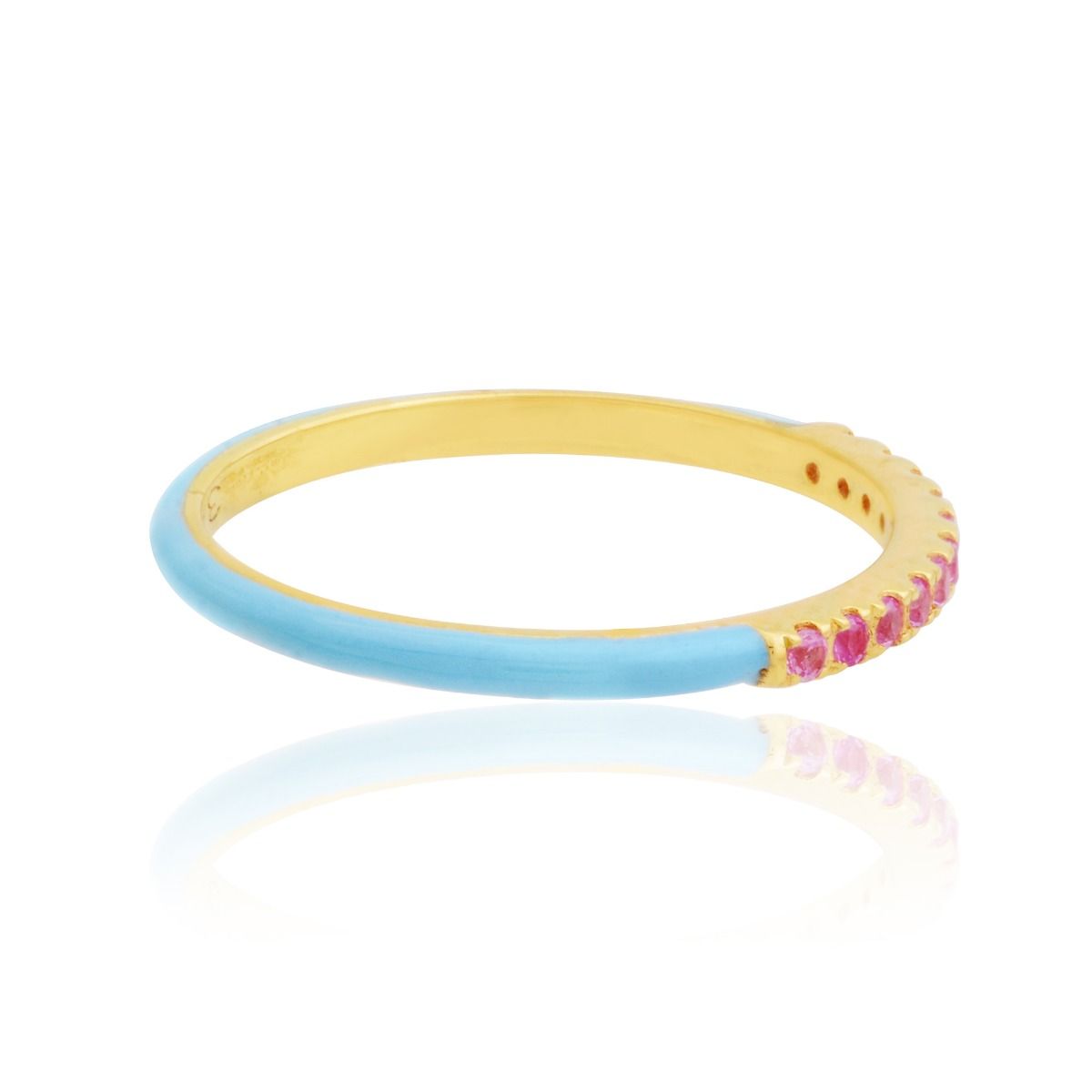 18k Yellow Gold 0.14 TCW SI Clarity HI Color Diamond Pink Sapphire Gemstone Blue Enamel Band Ring Jewelry for Women