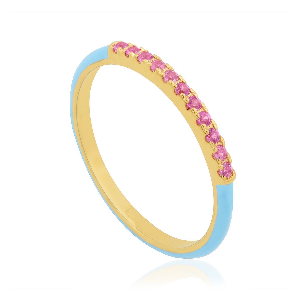18k Yellow Gold 0.14 TCW SI Clarity HI Color Diamond Pink Sapphire With Sky-blue Enamel Party Wear Band Ring