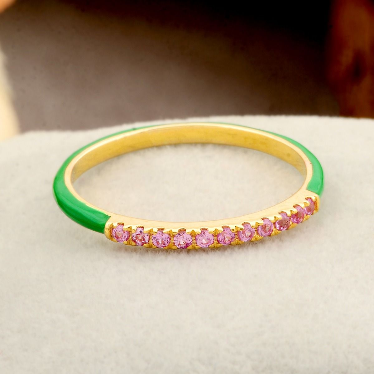 18k Yellow Gold 0.14 TCW SI Clarity HI color Diamond Pink Sapphire Gemstone Green Enamel Band Ring Jewelry For Women