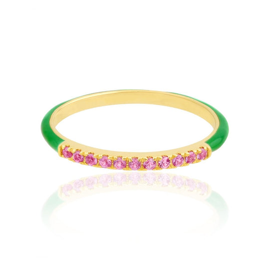 18k Yellow Gold 0.14 TCW SI Clarity HI color Diamond Pink Sapphire Gemstone Green Enamel Band Ring Jewelry For Women