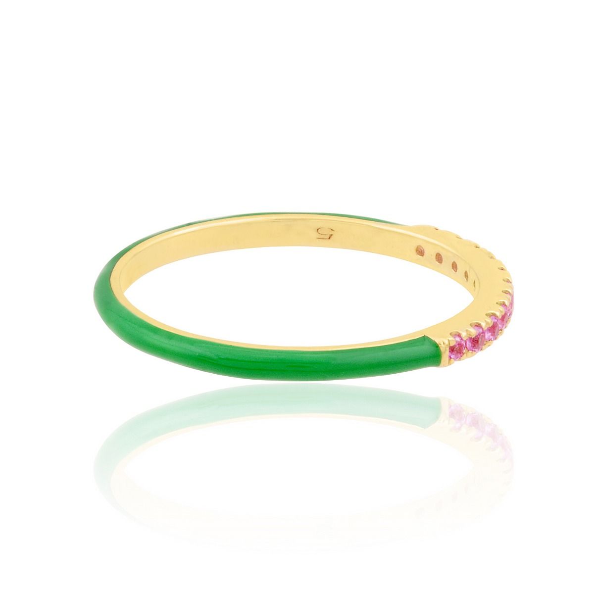 18k Yellow Gold 0.14 TCW SI Clarity HI Color Diamond Pink Sapphire Gemstone With Green Enamel Band Ring