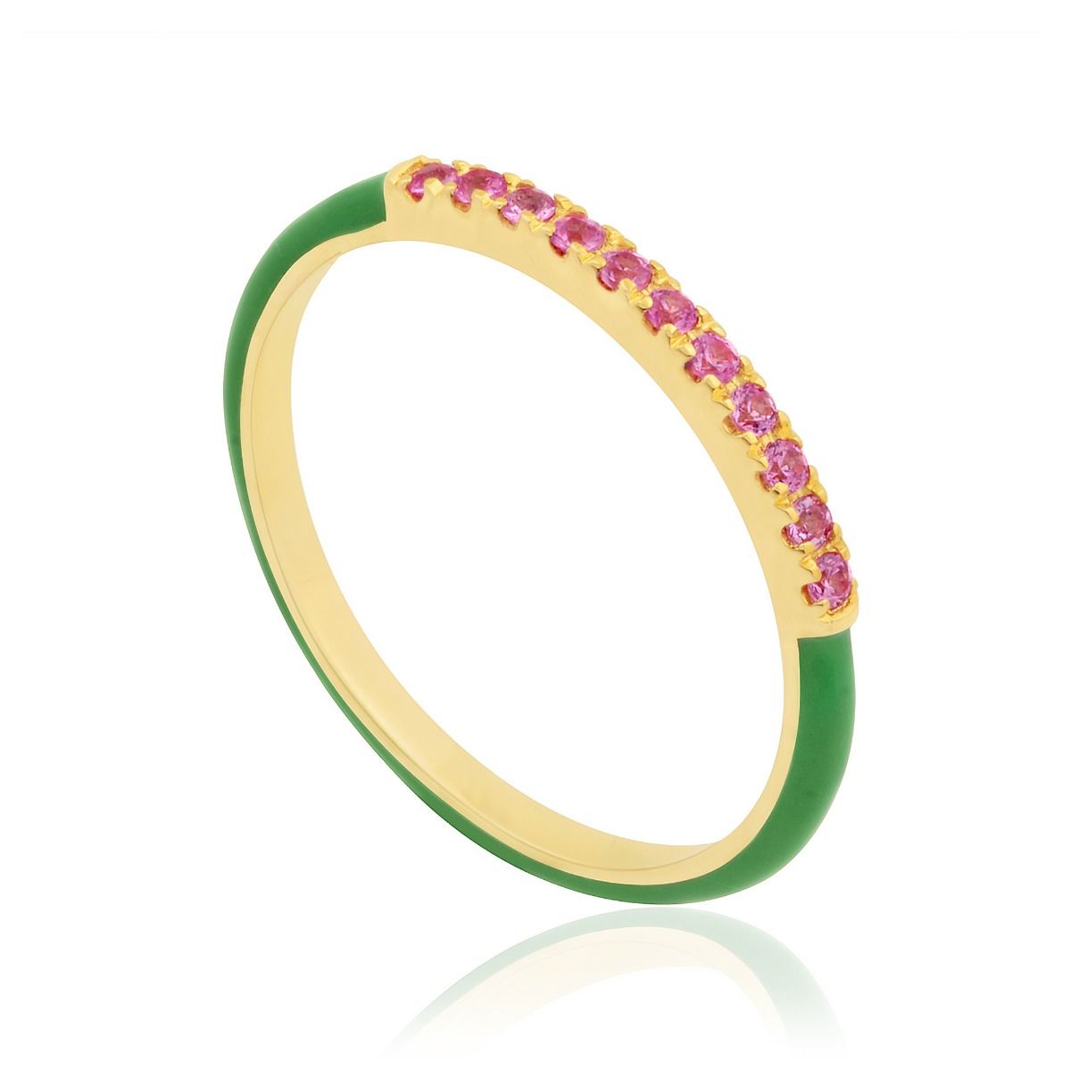 18k Yellow Gold 0.14 TCW SI Clarity HI color Diamond Pink Sapphire Gemstone Green Enamel Band Ring Jewelry For Women