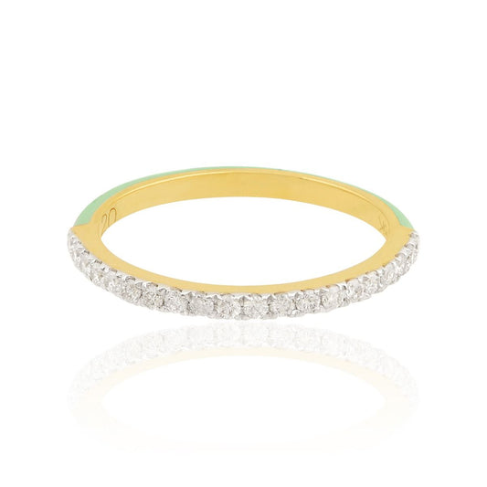 18k Yellow Gold 0.25 Carats SI Clarity HI Color Diamond Green Enamel Band Ring Jewelry For Women