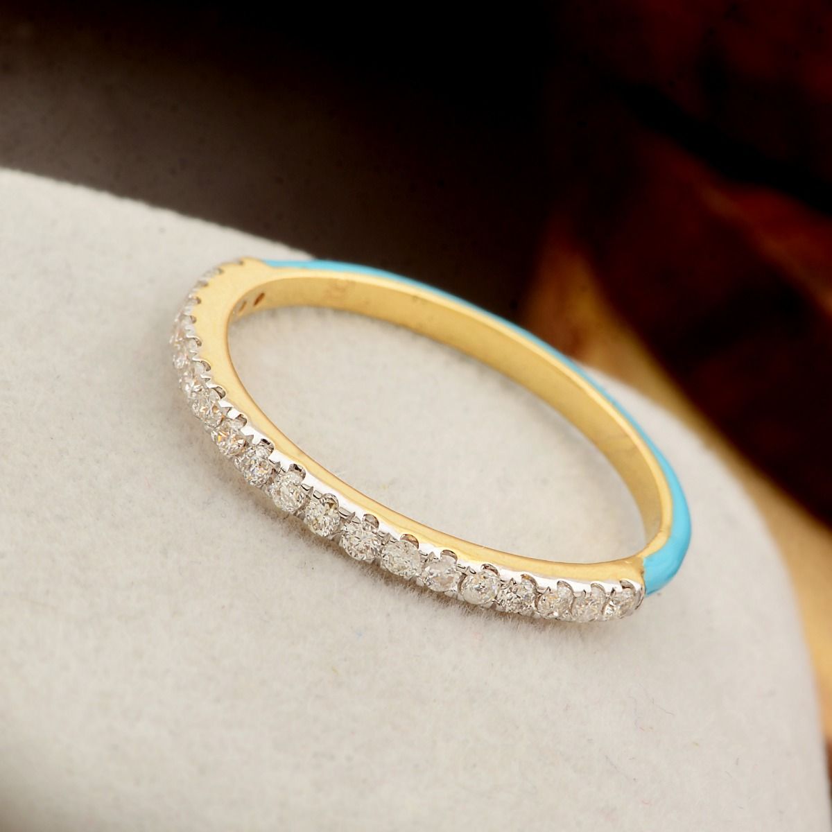 18k Yellow Gold 0.25 Carats SI Clarity HI Color Diamond Blue Enamel Band Ring Jewelry For Women