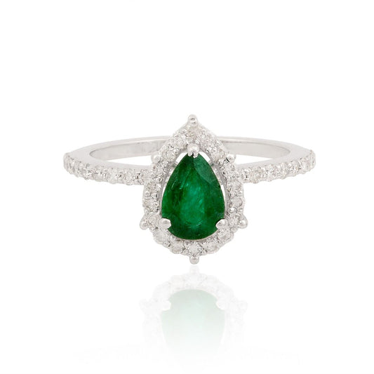 18k White Gold 1.05 TCW SI Clarity HI Color Pave Diamond Pear Shape Zambian Emerald Gemstone Party Wear Ring Jewelry For Women