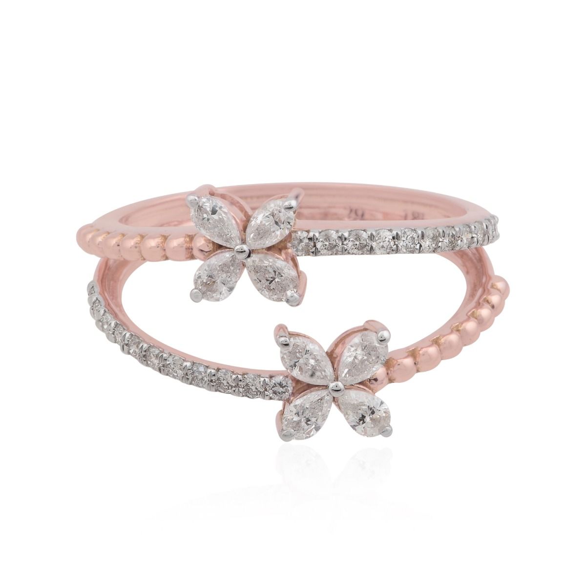 18k Rose Gold 0.60 Carats SI Clarity HI Color Diamond Marquise Flower Party Wear Beaded Band Ring Jewelry For Women