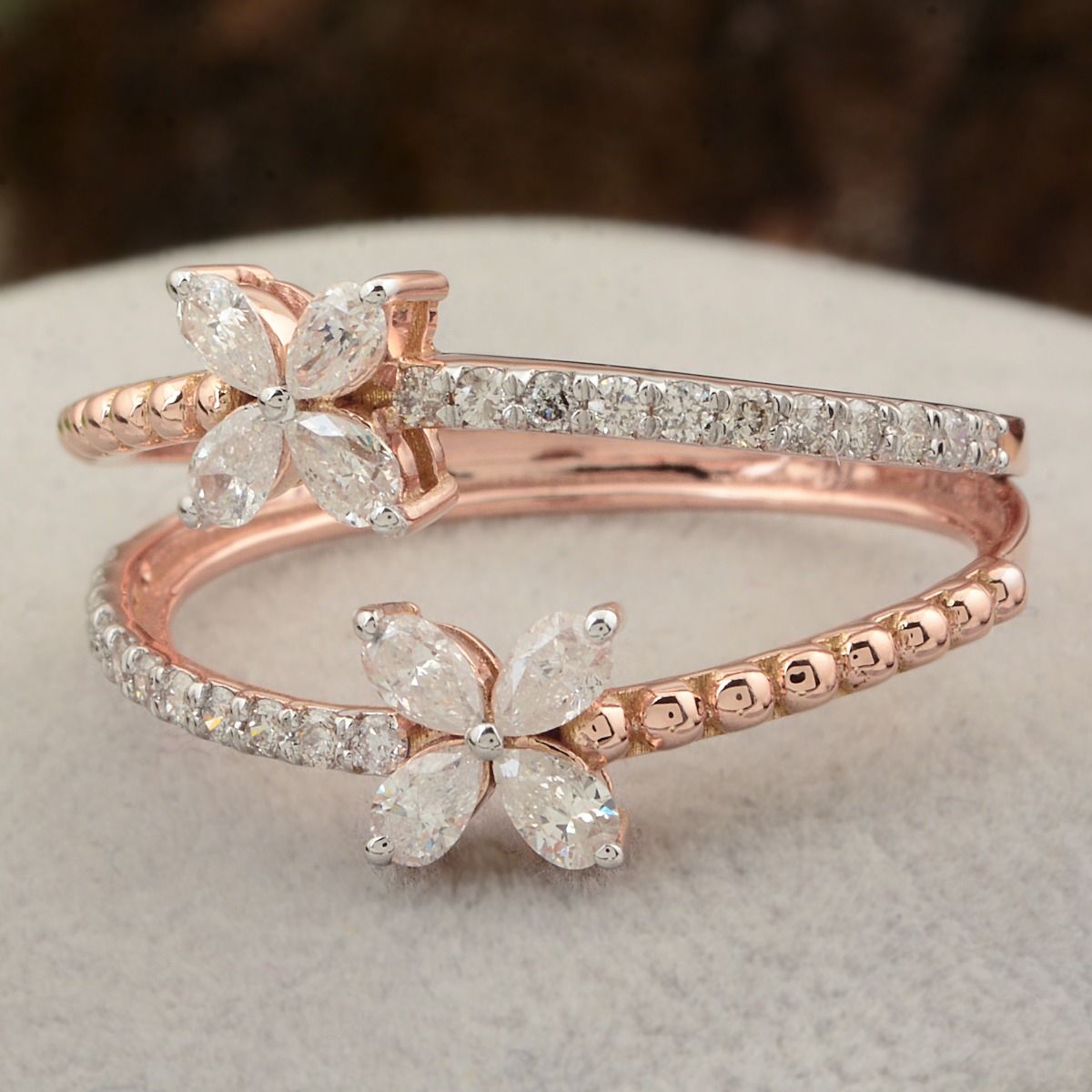 18k Rose Gold 0.60 Carats SI Clarity HI Color Diamond Marquise Flower Party Wear Beaded Band Ring Jewelry For Women