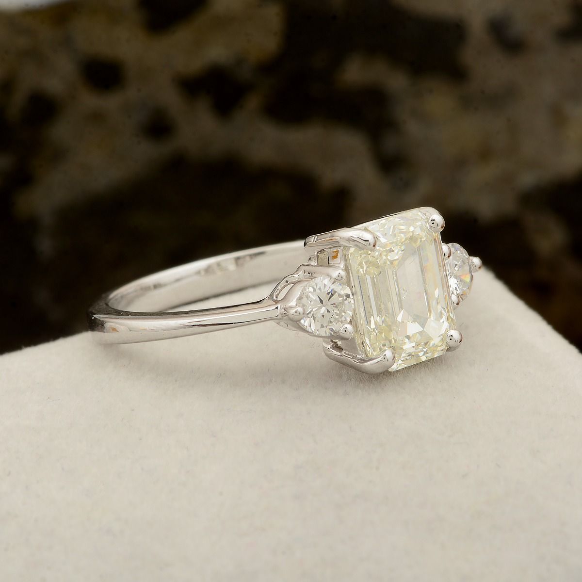 18K White Gold Three Gemstone Ring 2.32 TCW Natural Emerald Cut Diamond | Birthday Gift for Her