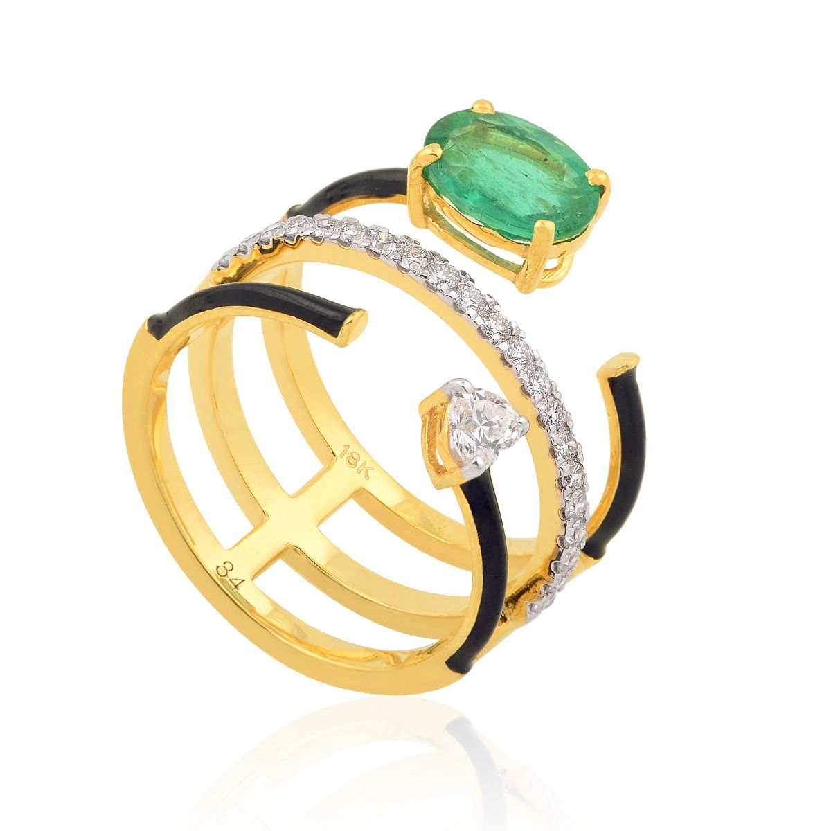 1.67 TCW Zambian Emerald Cuff Ring Diamond Yellow 18K Gold Black Enamel Jewelry |Party Wear Cuff Ring Fine Jewelry